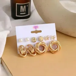 Golden Geometric Metal Vintage Hoop Earrings Set (6 pairs)
